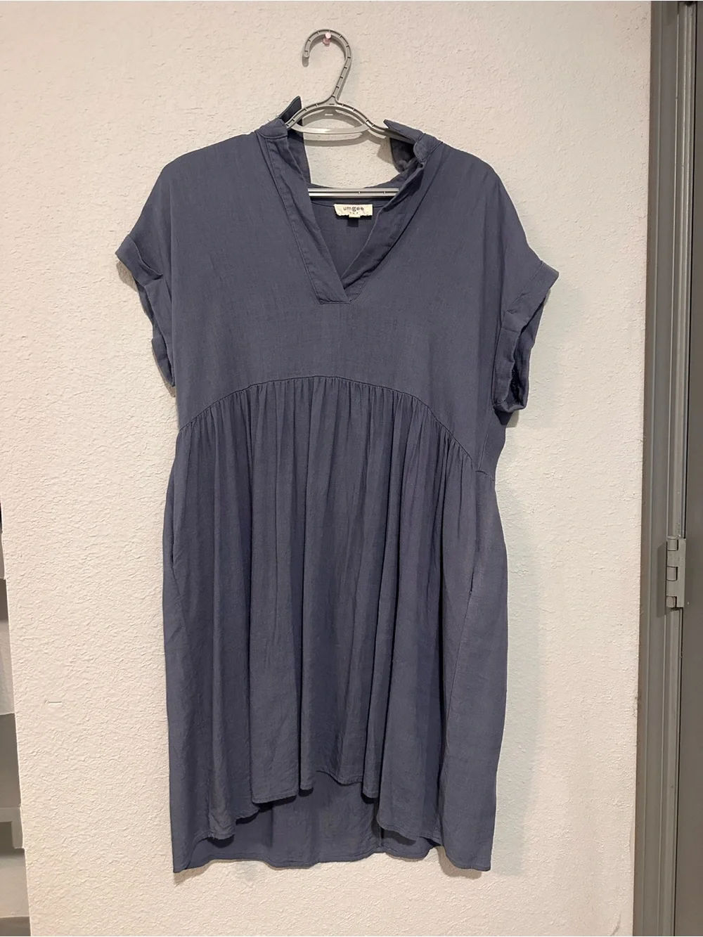Umgee Slate Blue V-Neck Short Sleeve Dress - Picture 1 of 2